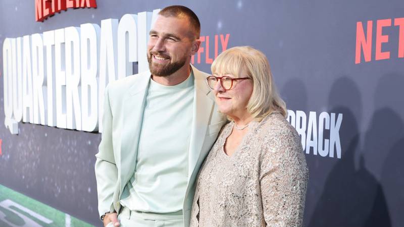 LOS ANGELES, CALIFORNIA - JULY 11: (L-R) Travis Kelce and Donna Kelce attend the Netflix Premiere of "Quarterback" at Netflix Tudum Theater on July 11, 2023 in Los Angeles, California. (Photo by Randy Shropshire/Getty Images for Netflix)