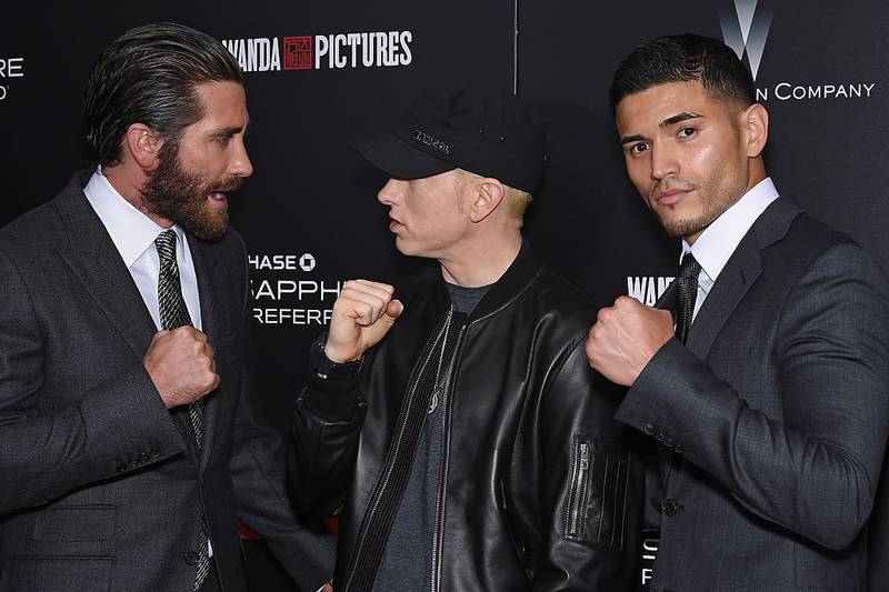 NEW YORK, NY - JULY 20:  (L-R) Jake Gyllenhaal, Eminem, and Miguel Gomez attend the "Southpaw" New York Premiere at AMC Loews Lincoln Square on July 20, 2015 in New York City.  (Photo by Dimitrios Kambouris/Getty Images)