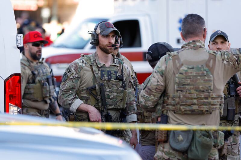 KANSAS CITY, MISSOURI - FEBRUARY 14: Law enforcement respond to a shooting at Union Station during the Kansas City Chiefs Super Bowl LVIII victory parade on February 14, 2024 in Kansas City, Missouri. Several people were shot and two people were detained after a rally celebrating the Chiefs Super Bowl victory. (Photo by David Eulitt/Getty Images)