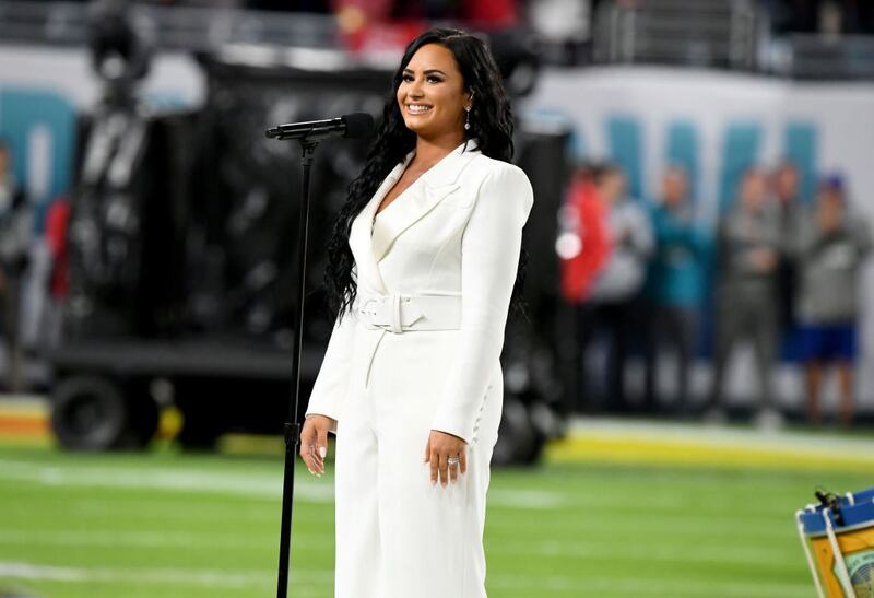 MIAMI GARDENS, FLORIDA - FEBRUARY 02: Demi Lovato performs the National Anthem onstage during Super Bowl LIV at Hard Rock Stadium on February 02, 2020 in Miami Gardens, Florida. (Photo by Kevin Winter/Getty Images)